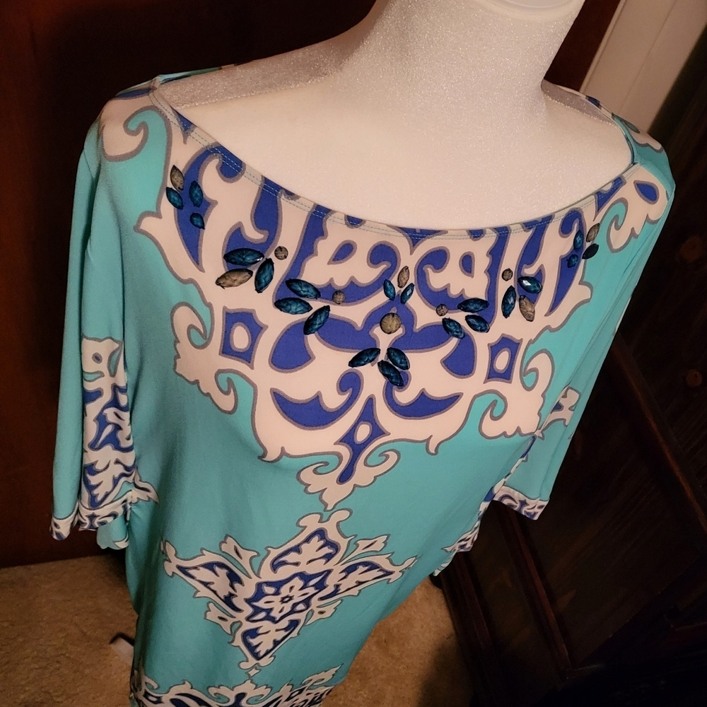 Hale Bob Vintage Aqua Blue White Boat Neck Kimono Sleeve Womens Sz M